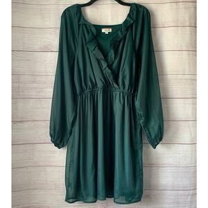 Andree by Unit Shimmery Forest Green Dress Sheer Long Sleeves Ruffle Size L